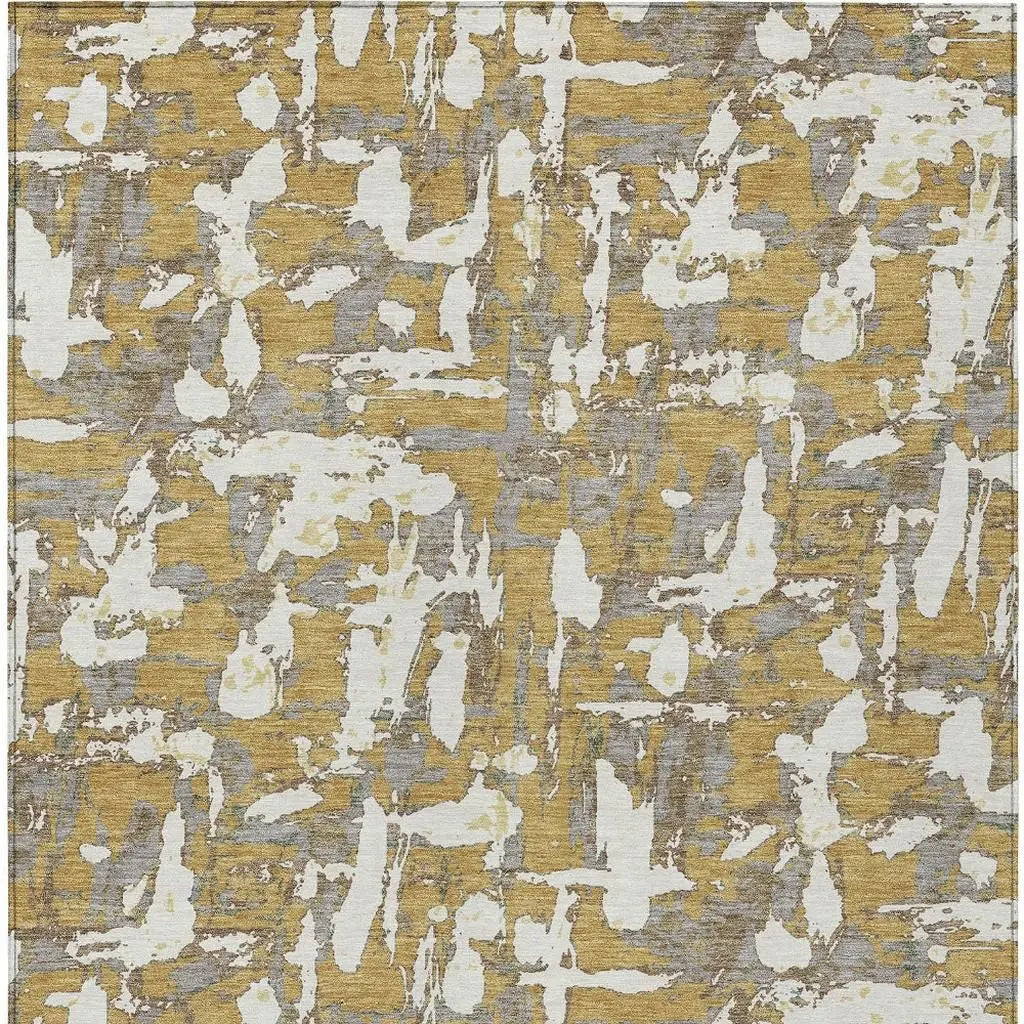 3' X 5' Gold And Ivory Abstract Washable Indoor Outdoor Area Rug Homeroots Outdoor