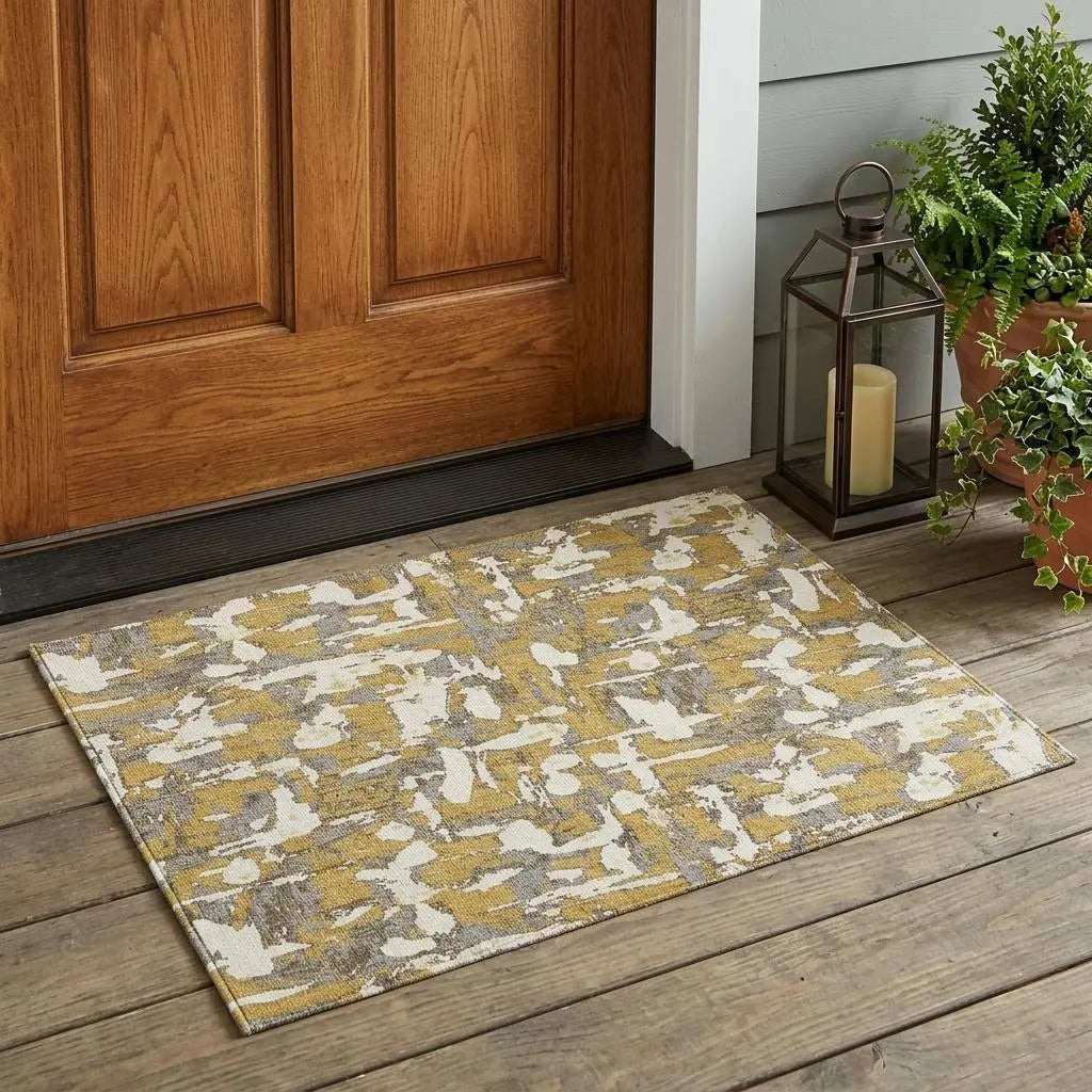 3' X 5' Gold And Ivory Abstract Washable Indoor Outdoor Area Rug Homeroots Outdoor