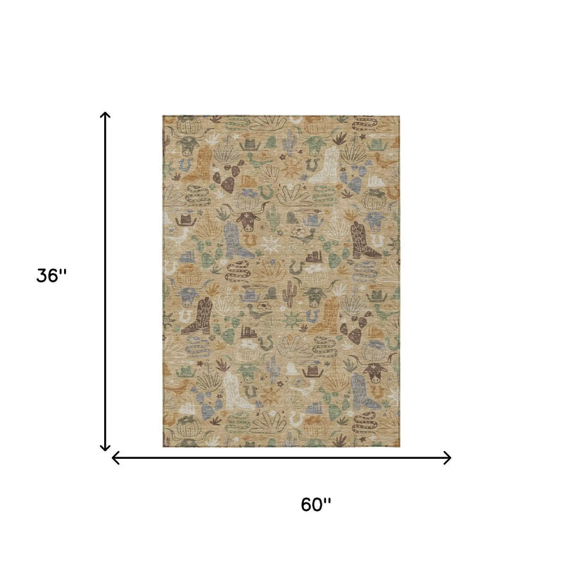 3' X 5' Gold And Ivory Cactus Washable Indoor Outdoor Area Rug Homeroots Outdoor