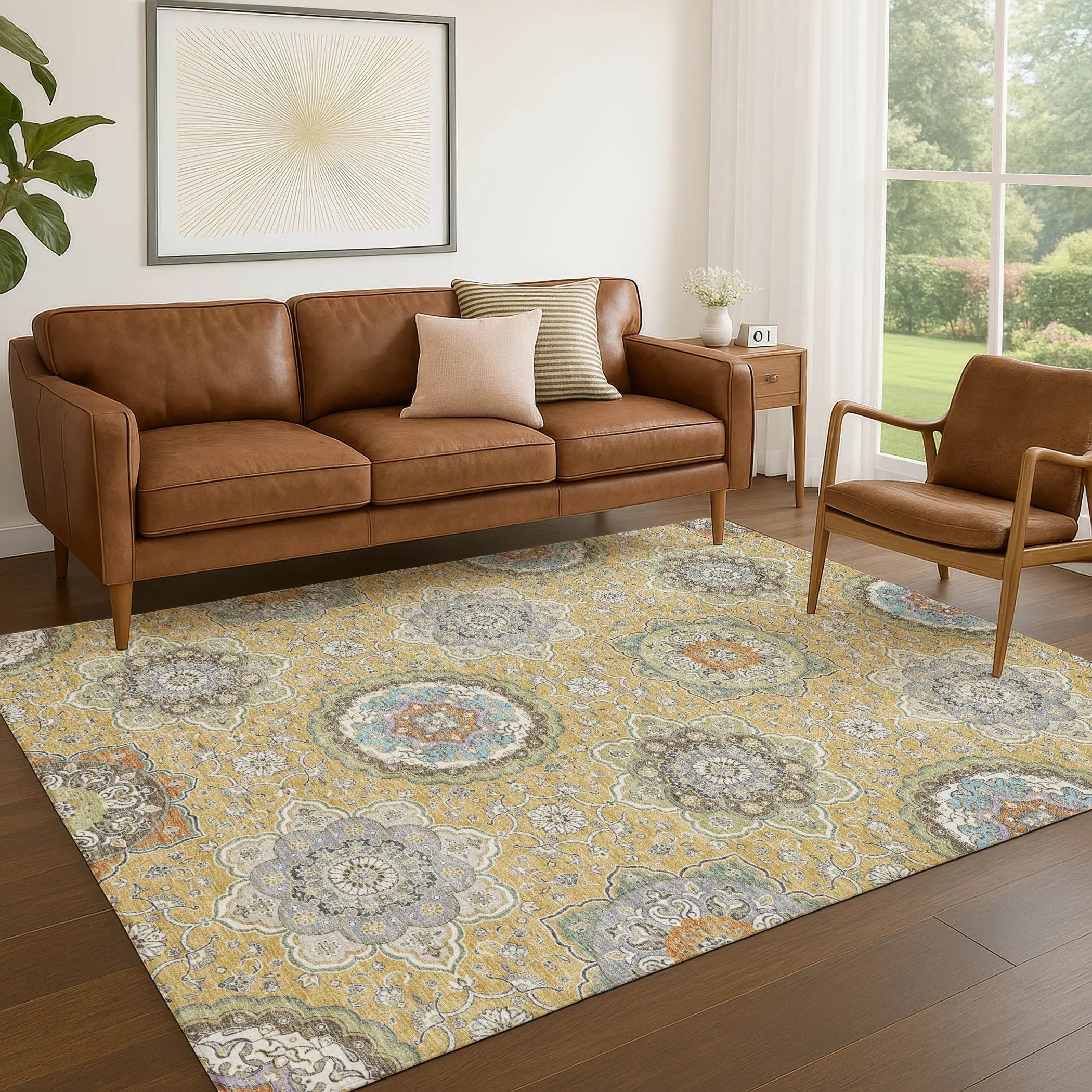 3' X 5' Gold And Ivory Floral Medallion Washable Indoor Outdoor Area Rug Homeroots Outdoor