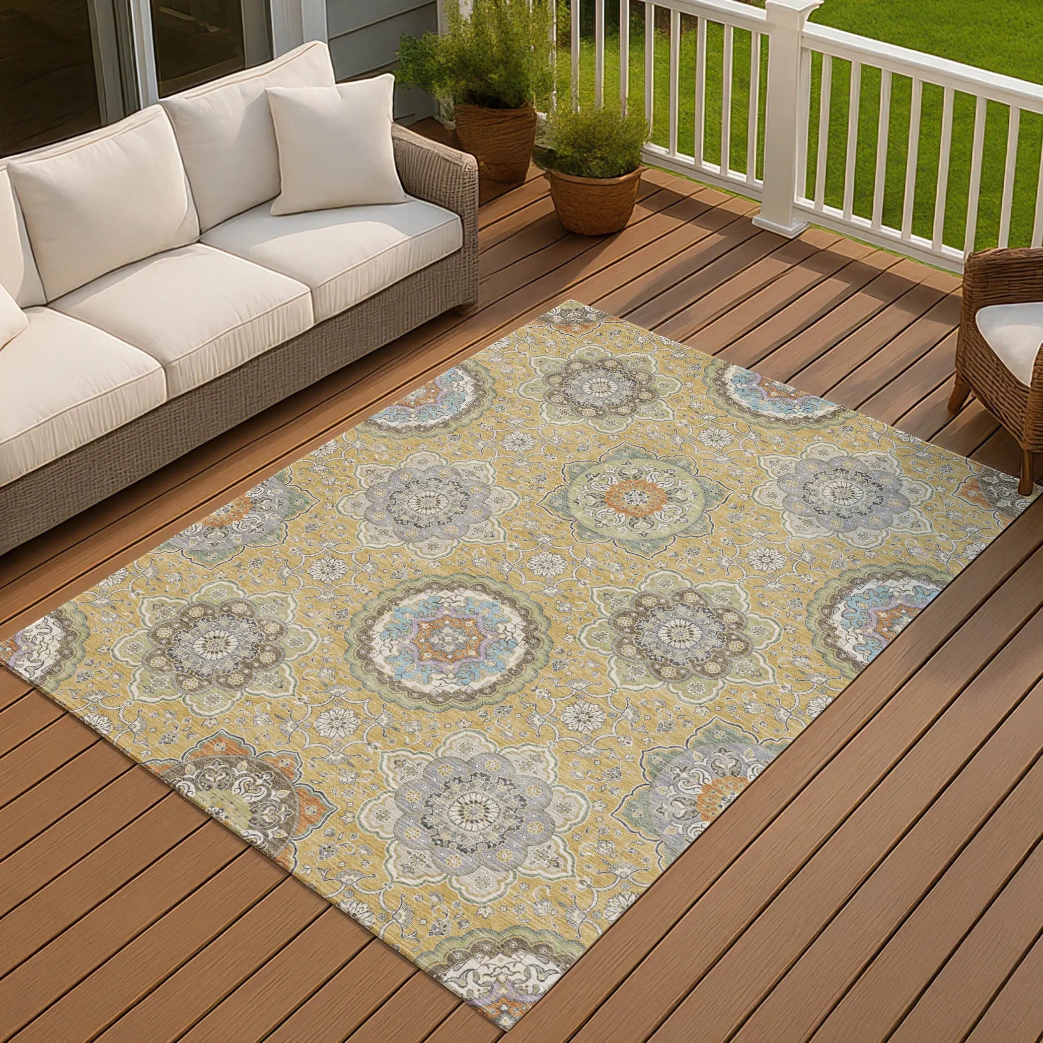 3' X 5' Gold And Ivory Floral Medallion Washable Indoor Outdoor Area Rug Homeroots Outdoor