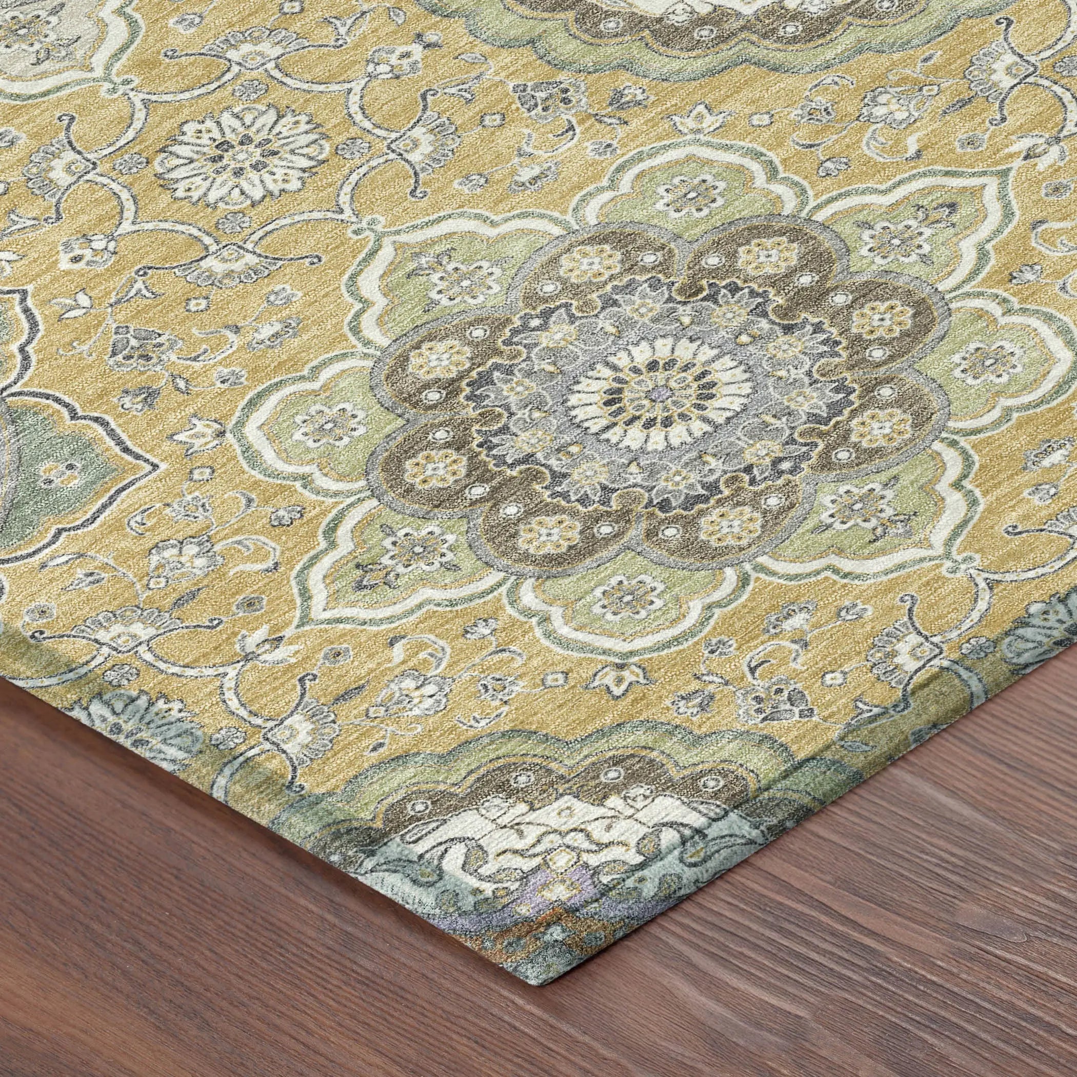 3' X 5' Gold And Ivory Floral Medallion Washable Indoor Outdoor Area Rug Homeroots Outdoor