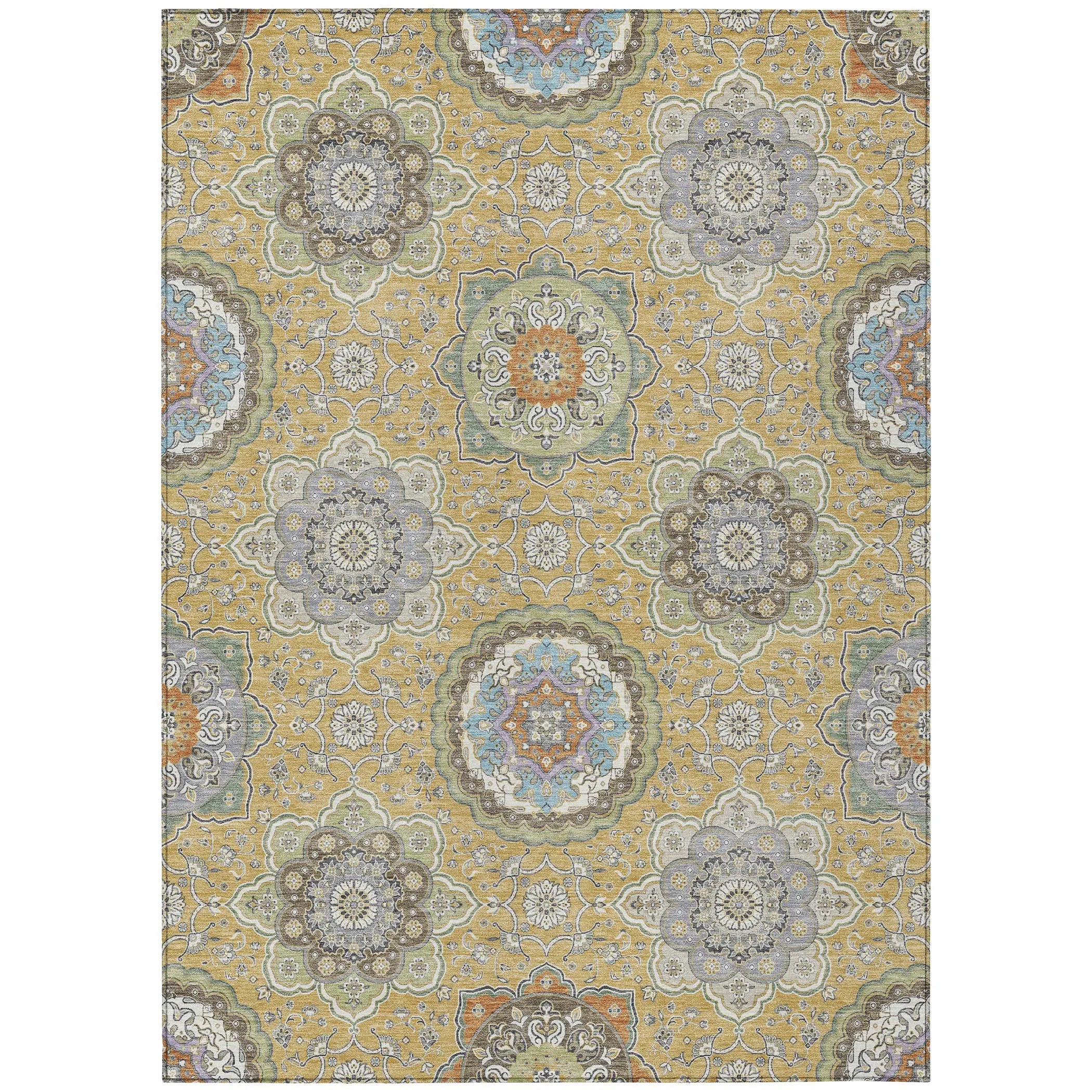 3' X 5' Gold And Ivory Floral Medallion Washable Indoor Outdoor Area Rug Homeroots Outdoor
