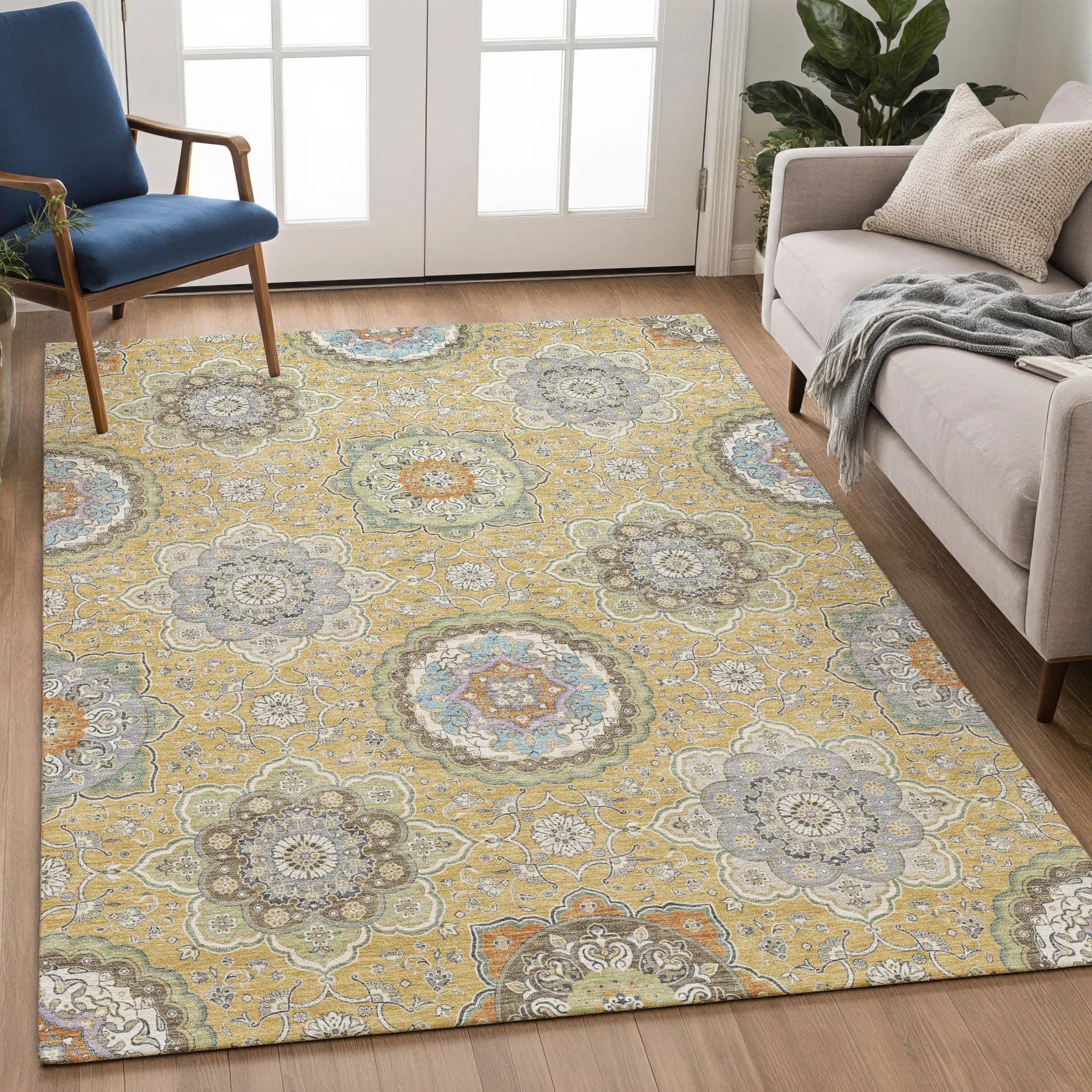 3' X 5' Gold And Ivory Floral Medallion Washable Indoor Outdoor Area Rug Homeroots Outdoor