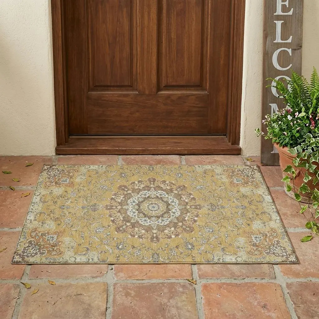 3' X 5' Gold And Ivory Floral Medallion Washable Indoor Outdoor Area Rug Homeroots Outdoor