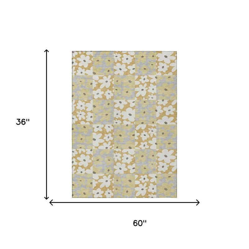 3' X 5' Gold And Ivory Floral Washable Indoor Outdoor Area Rug Homeroots Outdoor