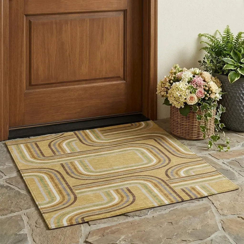 3' X 5' Gold And Ivory Geometric Washable Indoor Outdoor Area Rug Homeroots Outdoor