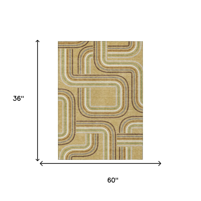 3' X 5' Gold And Ivory Geometric Washable Indoor Outdoor Area Rug Homeroots Outdoor