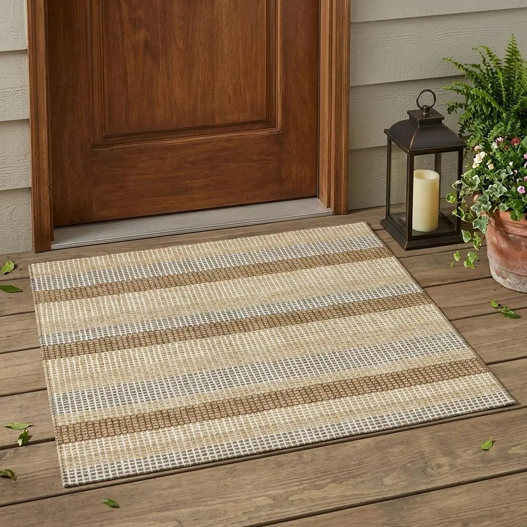 3' X 5' Gold And Ivory Striped Washable Indoor Outdoor Area Rug Homeroots Outdoor