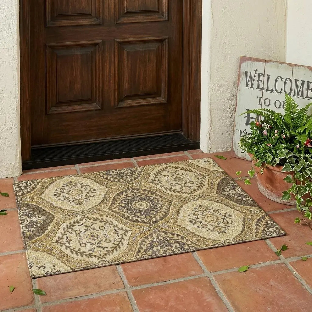 3' X 5' Gold And Khaki Ogee Washable Indoor Outdoor Area Rug Homeroots Outdoor