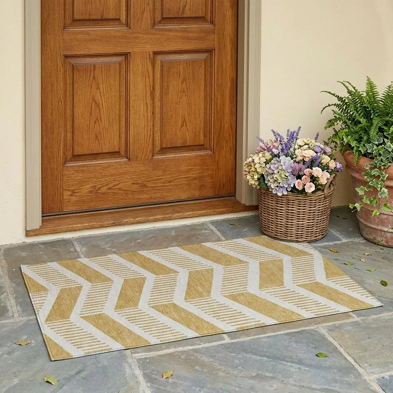 3' X 5' Gold And Linen Geometric Washable Indoor Outdoor Area Rug Homeroots Outdoor