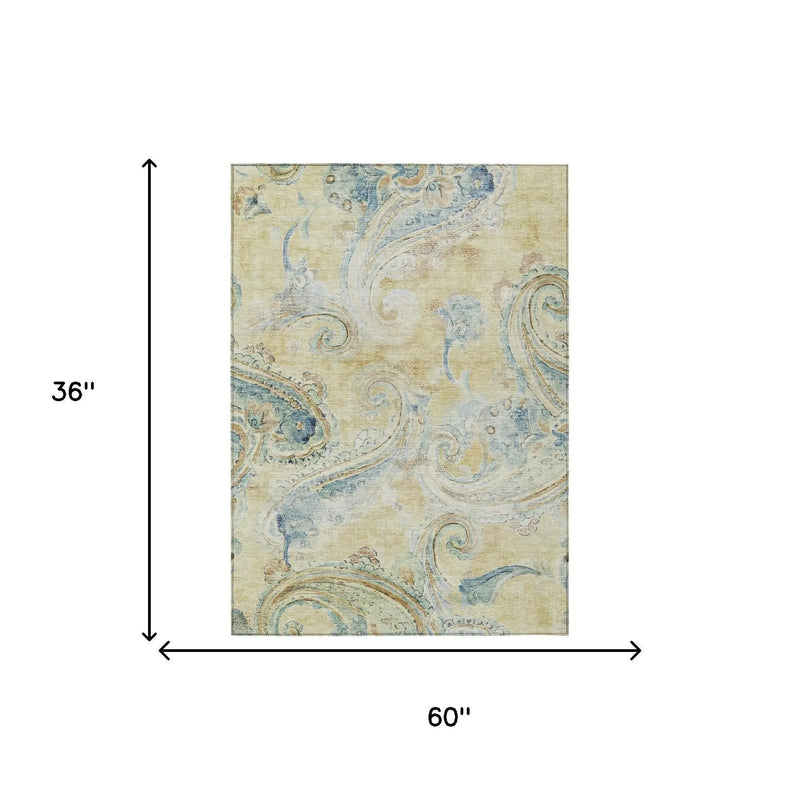 3' X 5' Gold And Mint Green Paisley Washable Indoor Outdoor Area Rug Homeroots Outdoor