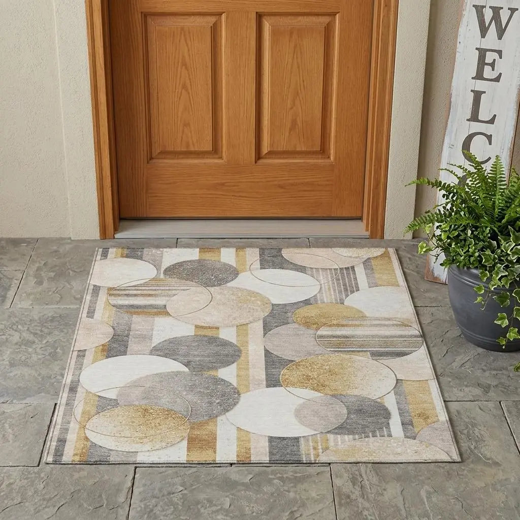 3' X 5' Gold And Pewter Geometric Washable Indoor Outdoor Area Rug Homeroots Outdoor