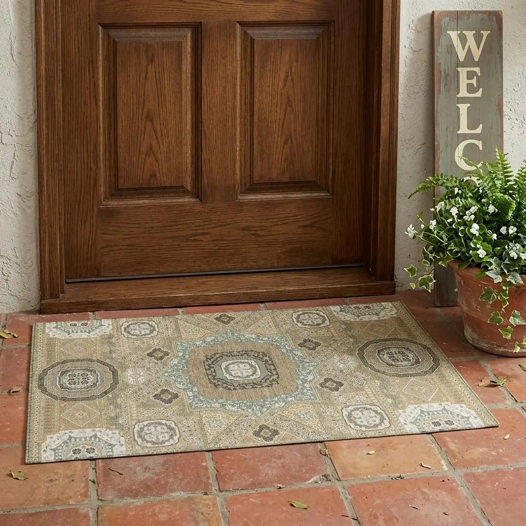 3' X 5' Gold And Sage Oriental Washable Indoor Outdoor Area Rug Homeroots Outdoor