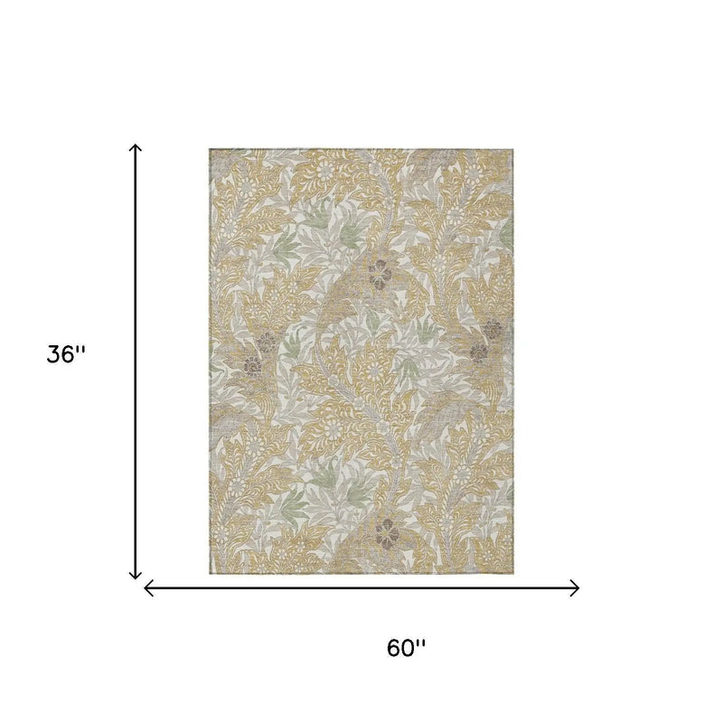 3' X 5' Gold And Silver Botanical Leaves Washable Indoor Outdoor Area Rug Homeroots Outdoor