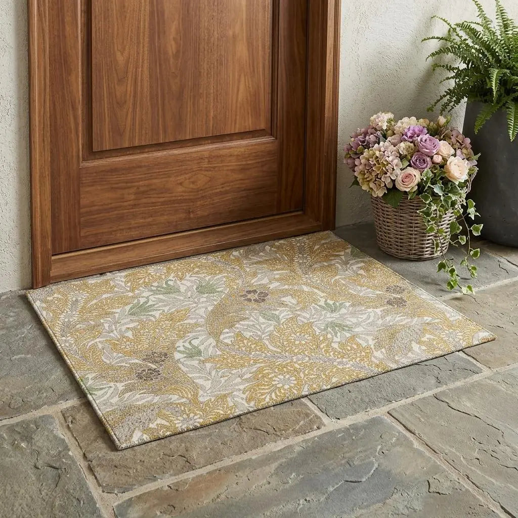 3' X 5' Gold And Silver Botanical Leaves Washable Indoor Outdoor Area Rug Homeroots Outdoor