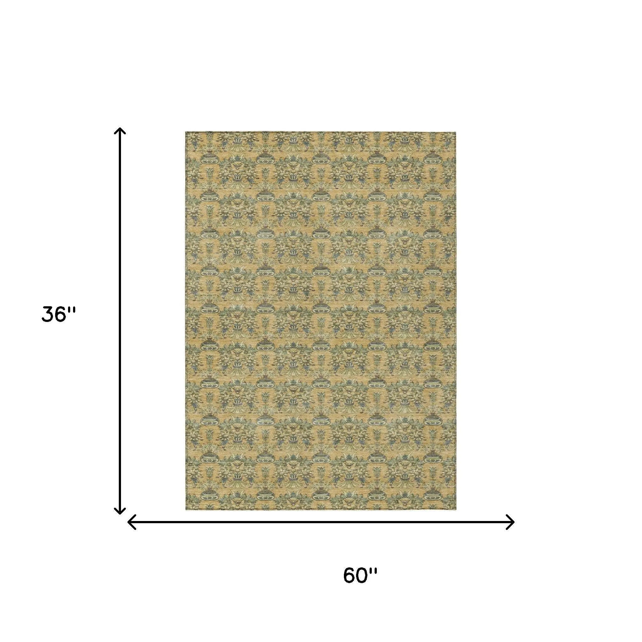 3' X 5' Gold And Silver Floral Washable Indoor Outdoor Area Rug Homeroots Outdoor