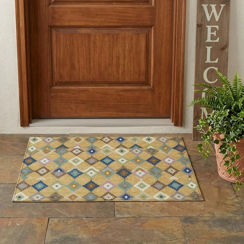 3' X 5' Gold And Teal Blue Aztec Washable Indoor Outdoor Area Rug Homeroots Outdoor