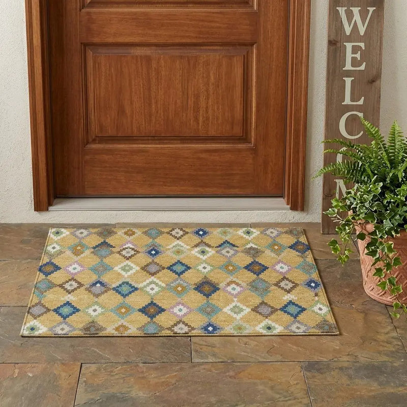 3' X 5' Gold And Teal Blue Aztec Washable Indoor Outdoor Area Rug Homeroots Outdoor