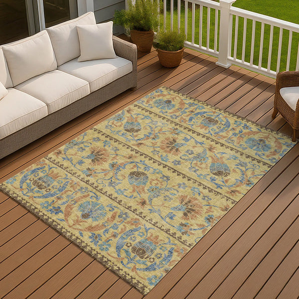 3' X 5' Gold And Teal Blue Floral Washable Indoor Outdoor Area Rug Homeroots Outdoor