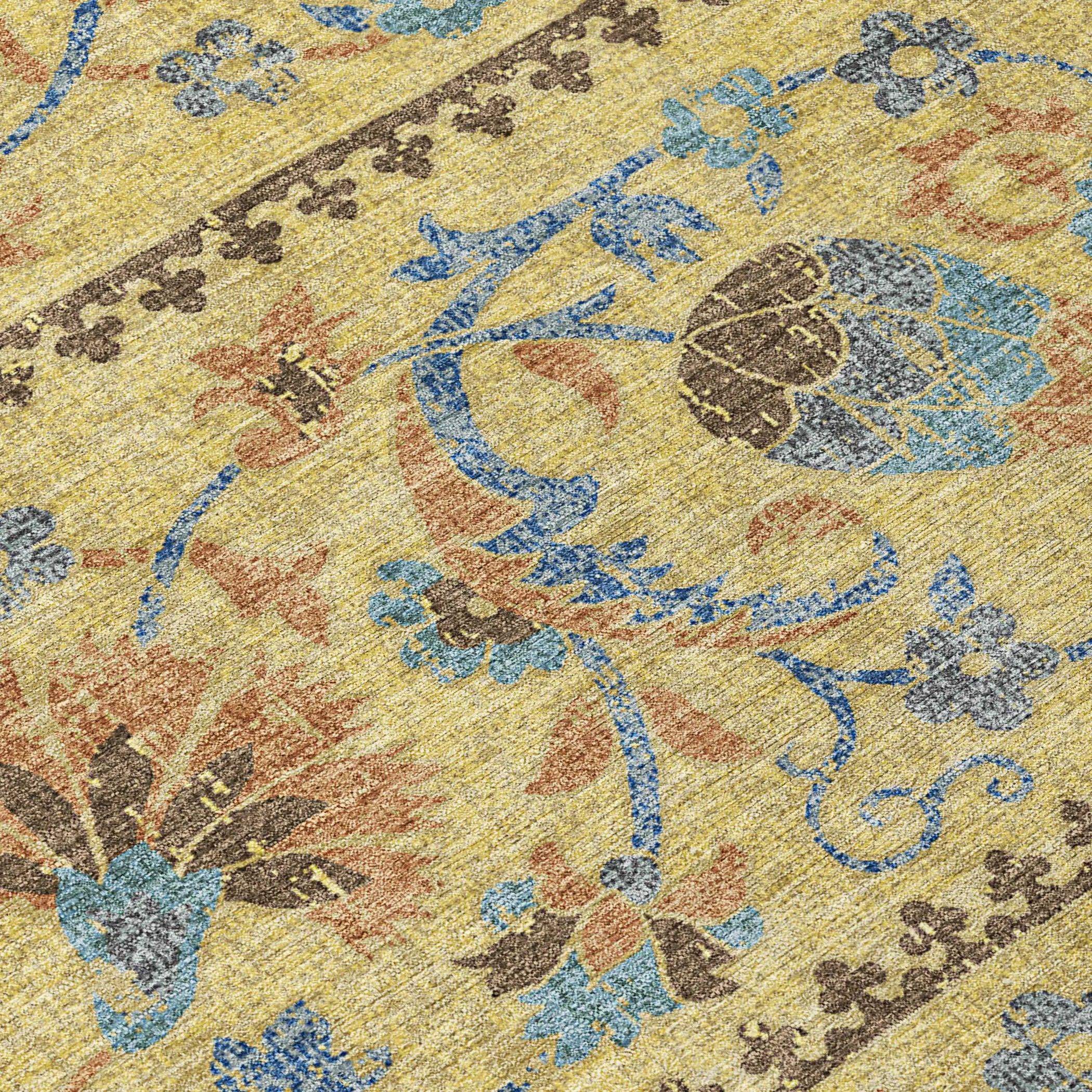 3' X 5' Gold And Teal Blue Floral Washable Indoor Outdoor Area Rug Homeroots Outdoor
