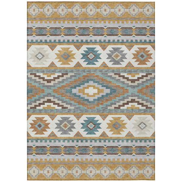 3' X 5' Gold And Teal Blue Southwestern Washable Indoor Outdoor Area Rug Homeroots Outdoor