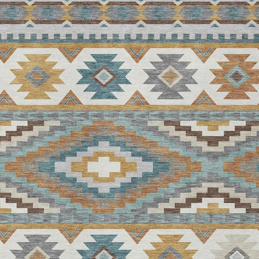 3' X 5' Gold And Teal Blue Southwestern Washable Indoor Outdoor Area Rug Homeroots Outdoor