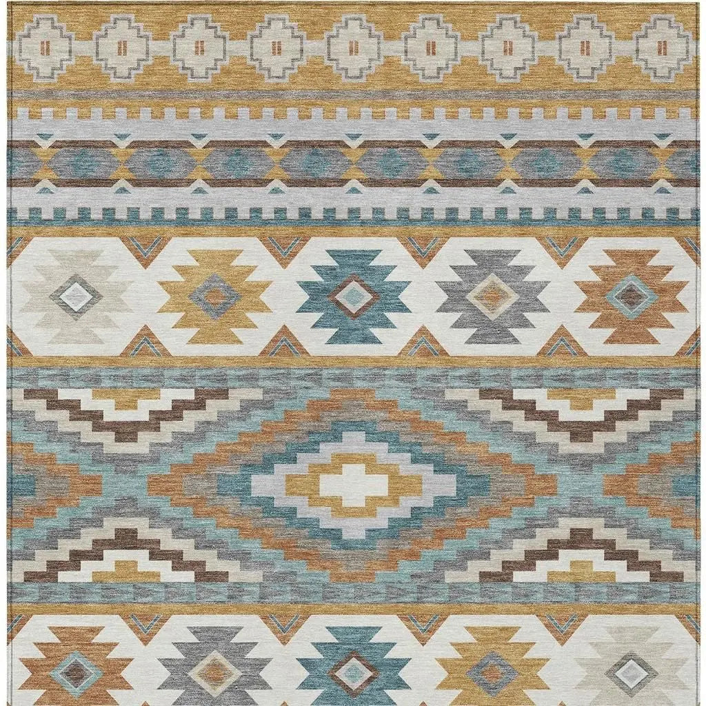 3' X 5' Gold And Teal Blue Southwestern Washable Indoor Outdoor Area Rug Homeroots Outdoor