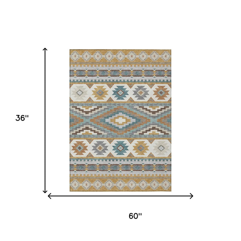 3' X 5' Gold And Teal Blue Southwestern Washable Indoor Outdoor Area Rug Homeroots Outdoor