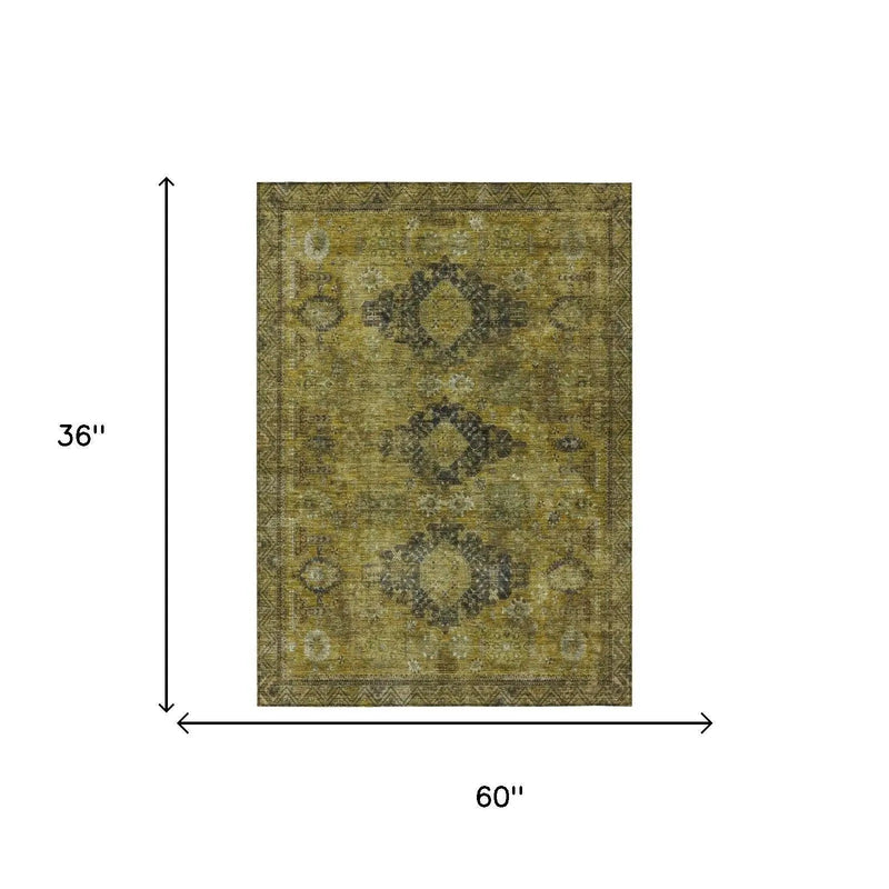 3' X 5' Gold And Walnut Oriental Washable Indoor Outdoor Area Rug Homeroots Outdoor