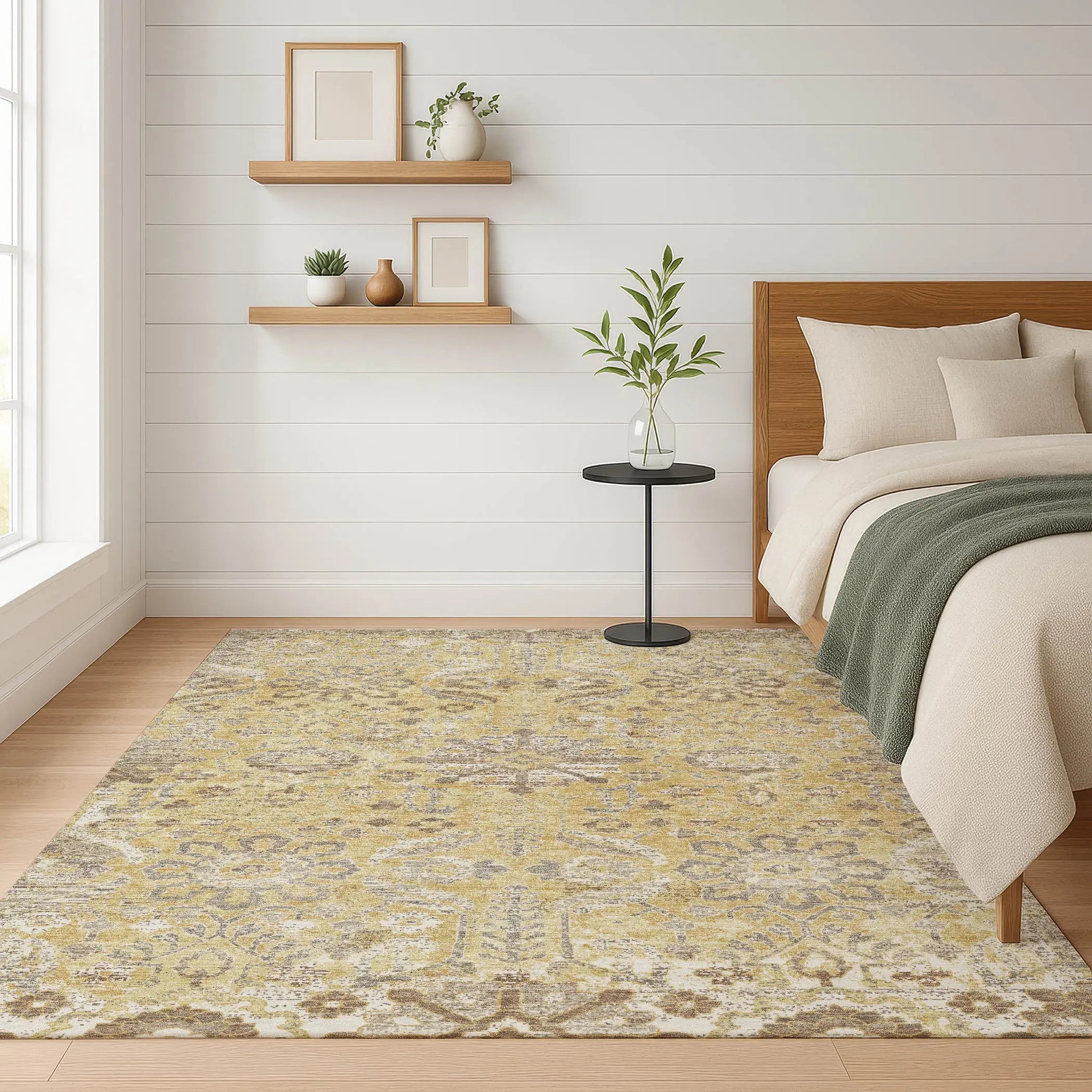 3' X 5' Gold And Wheat Damask Washable Indoor Outdoor Area Rug Homeroots Outdoor