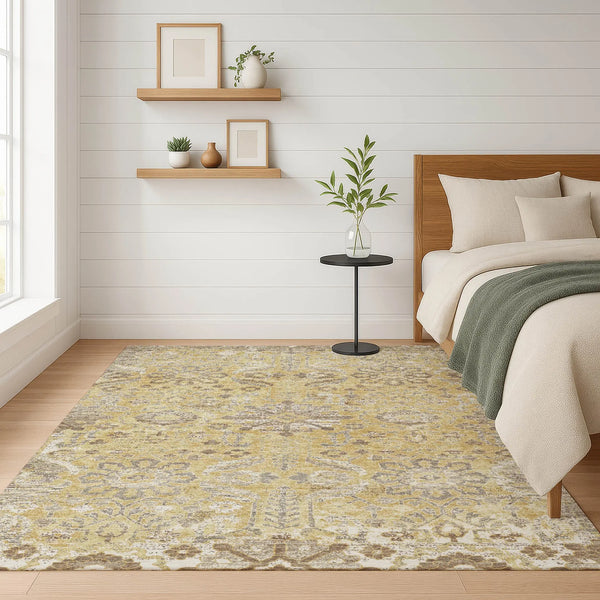3' X 5' Gold And Wheat Damask Washable Indoor Outdoor Area Rug Homeroots Outdoor