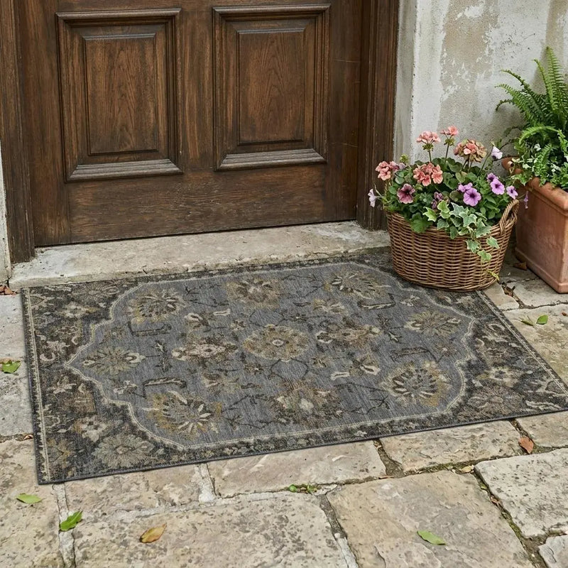 3' X 5' Graphite And Gray Floral Medallion Washable Indoor Outdoor Area Rug Homeroots Outdoor