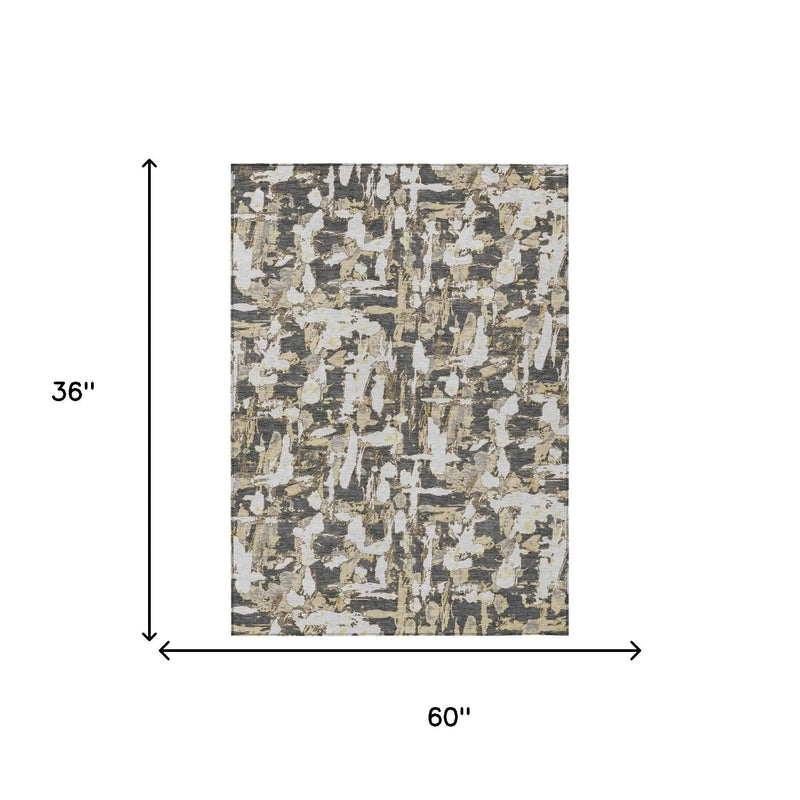 3' X 5' Graphite And Ivory Abstract Washable Indoor Outdoor Area Rug Homeroots Outdoor