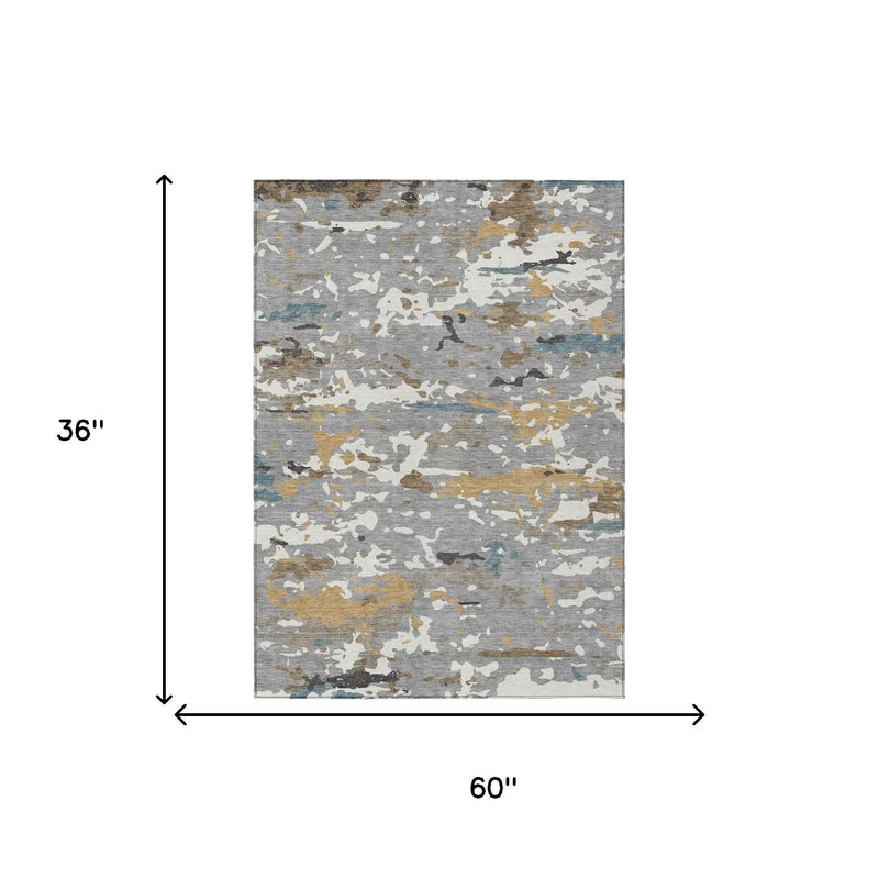 3' X 5' Gray And Beige Abstract Washable Indoor Outdoor Area Rug Homeroots Outdoor