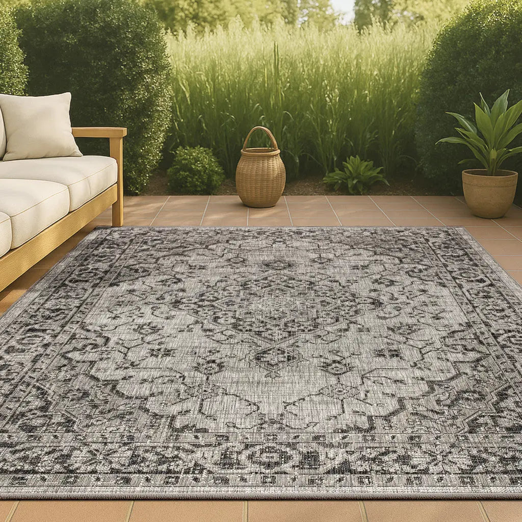 3' X 5' Gray And Black Medallion Indoor Outdoor Area Rug Homeroots Outdoor