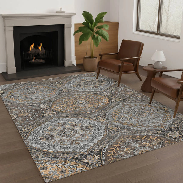 3' X 5' Gray And Brown Ogee Washable Indoor Outdoor Area Rug Homeroots Outdoor