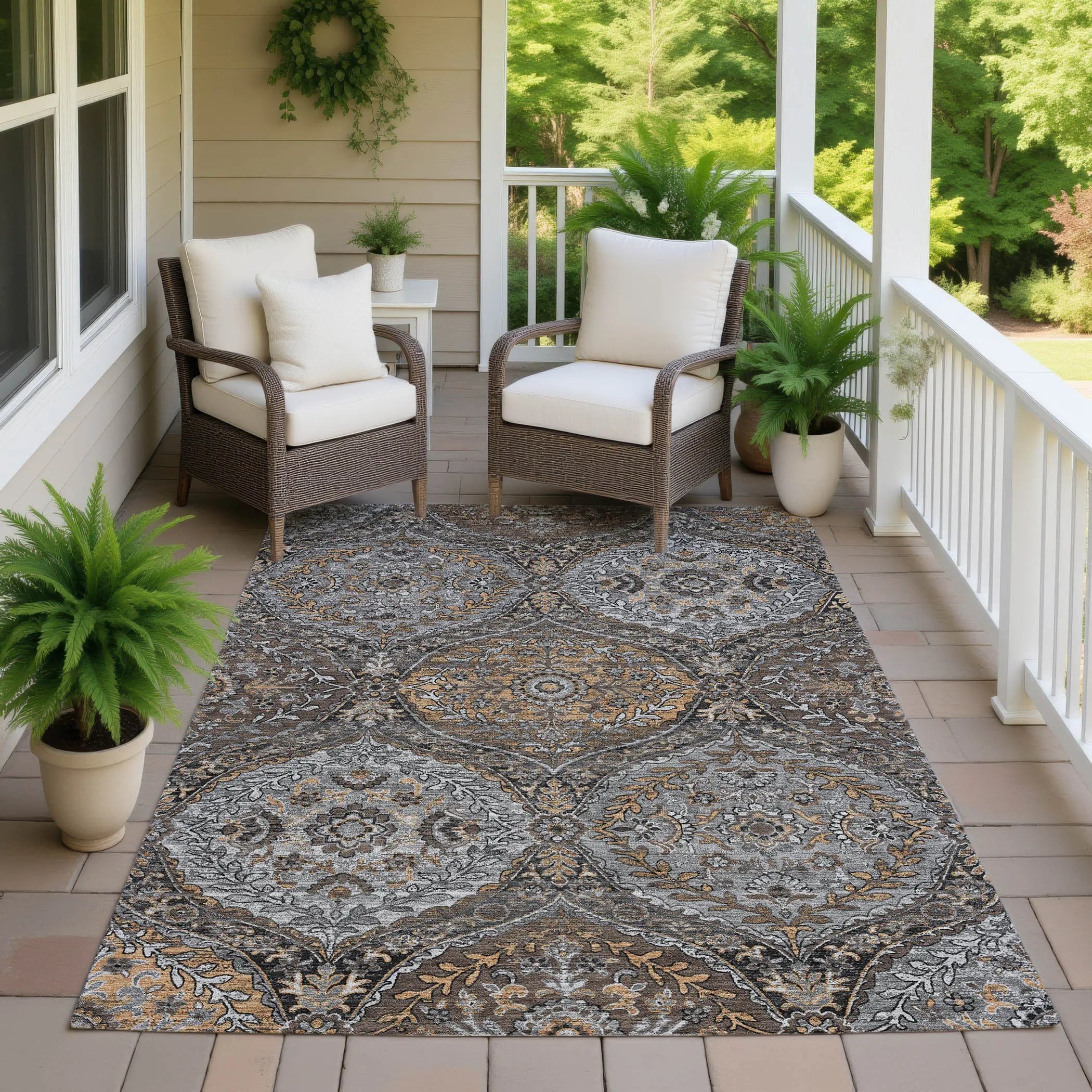 3' X 5' Gray And Brown Ogee Washable Indoor Outdoor Area Rug Homeroots Outdoor