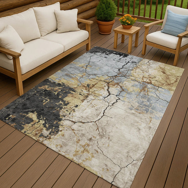 3' X 5' Gray And Gold Abstract Washable Indoor Outdoor Area Rug Homeroots Outdoor