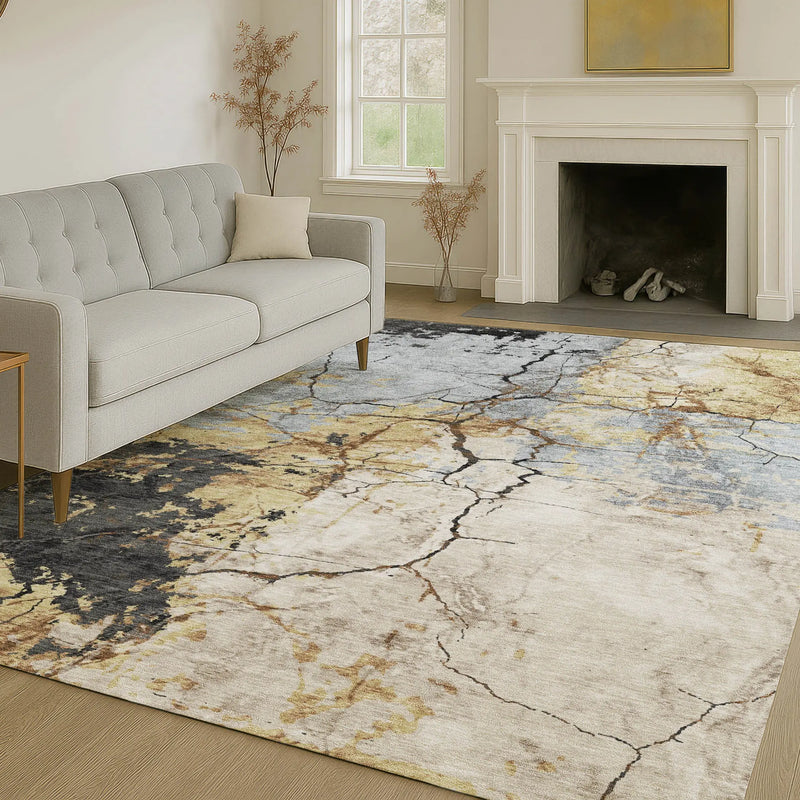3' X 5' Gray And Gold Abstract Washable Indoor Outdoor Area Rug Homeroots Outdoor