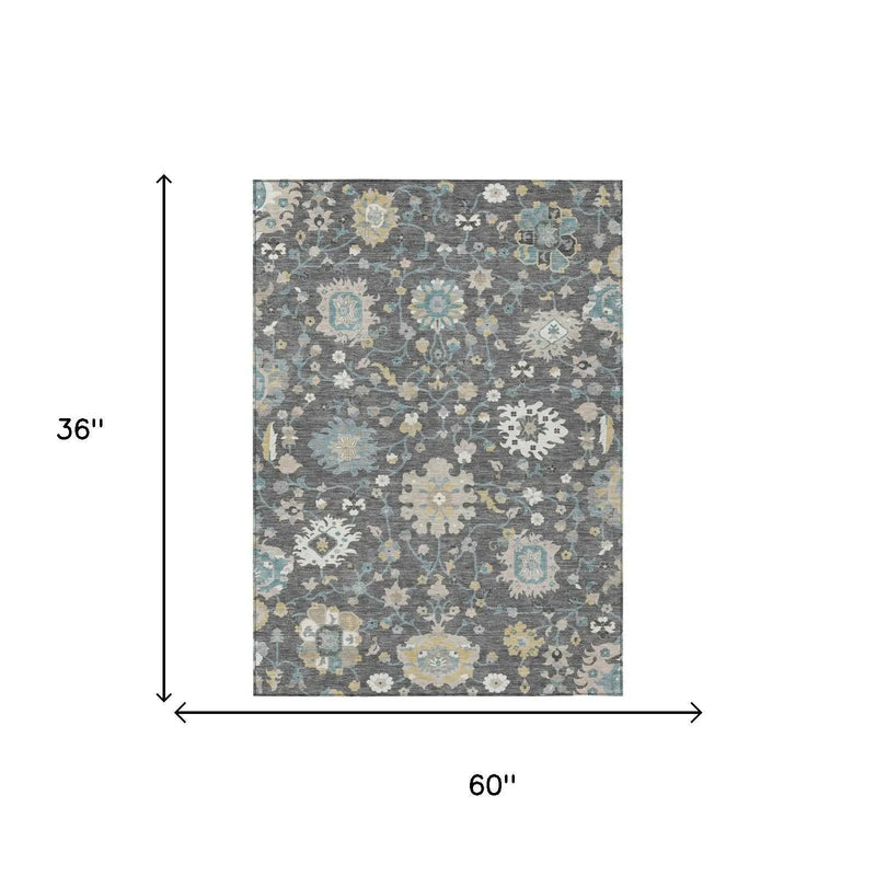 3' X 5' Gray And Graphite Floral Washable Indoor Outdoor Area Rug Homeroots Outdoor