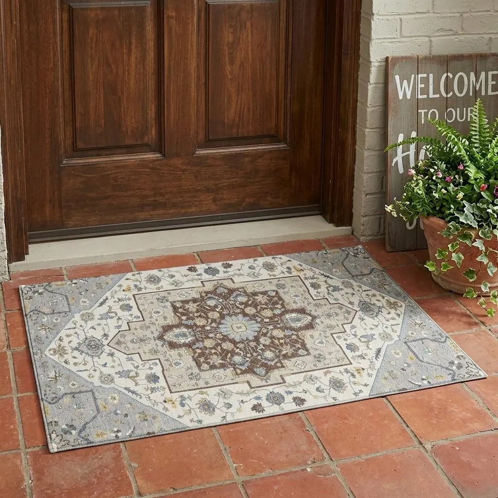3' X 5' Gray And Ivory Floral Medallion Washable Indoor Outdoor Area Rug Homeroots Outdoor