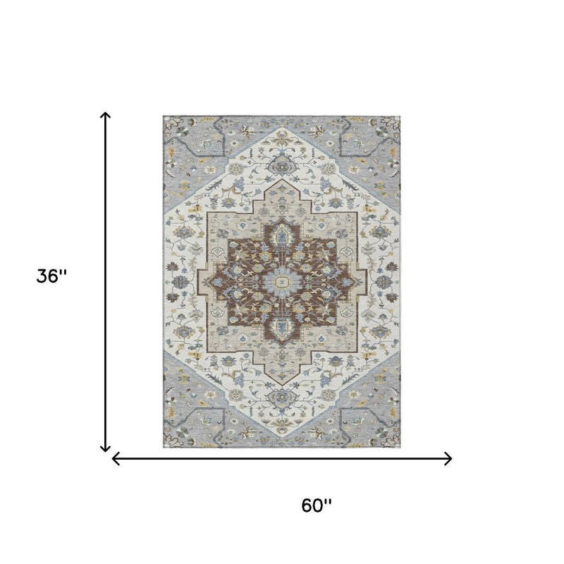3' X 5' Gray And Ivory Floral Medallion Washable Indoor Outdoor Area Rug Homeroots Outdoor