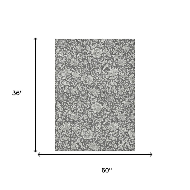 3' X 5' Gray And Ivory Floral Washable Indoor Outdoor Area Rug Homeroots Outdoor