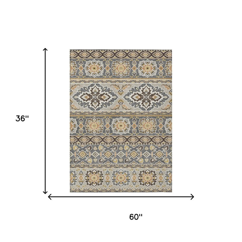 3' X 5' Gray And Ivory Tribal Washable Indoor Outdoor Area Rug Homeroots Outdoor