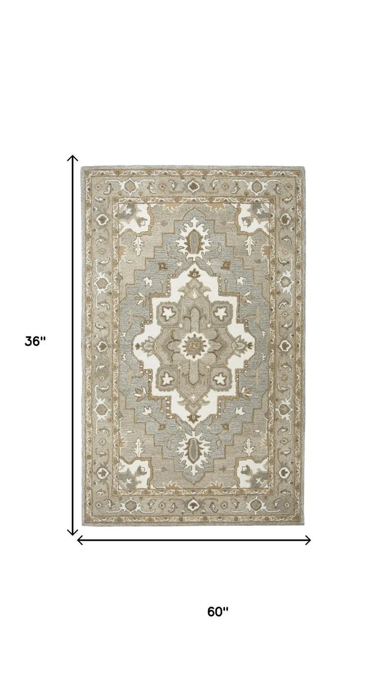 3' X 5' Gray And Natural Wool Medallion Hand Tufted Area Rug Homeroots Home Decor