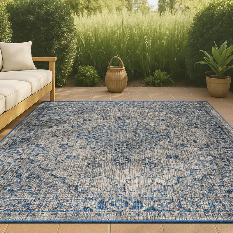 3' X 5' Gray And Navy Blue Medallion Indoor Outdoor Area Rug Homeroots Outdoor