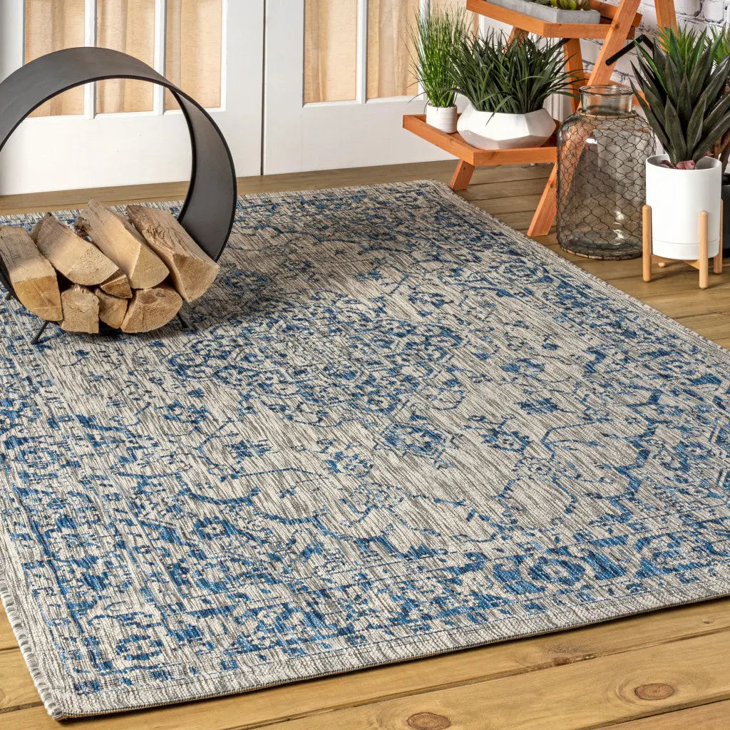 3' X 5' Gray And Navy Blue Medallion Indoor Outdoor Area Rug Homeroots Outdoor