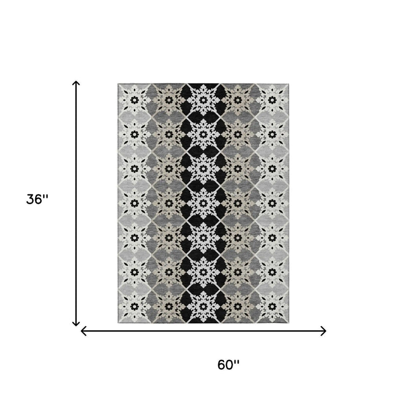 3' X 5' Gray And Pewter Floral Medallion Washable Indoor Outdoor Area Rug Homeroots Outdoor