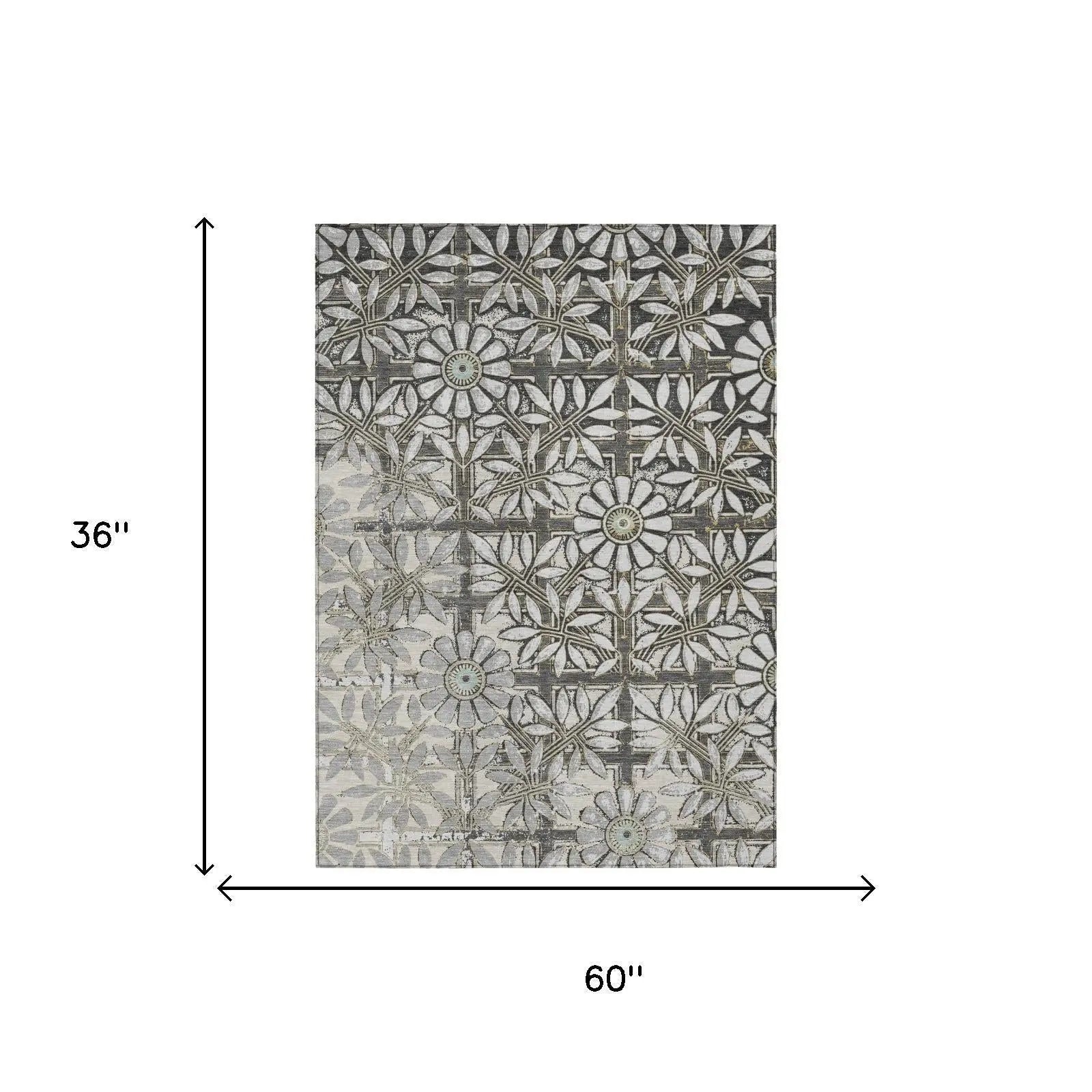 Grey floral area rug, 60"x36", featuring intricate botanical patterns in muted tones for a stylish home decor.